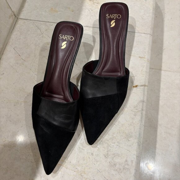 SARTO by Franco Sarto Dune pointed-toe kitten Black Leather & Suede Mules, 8M - Picture 7 of 9
